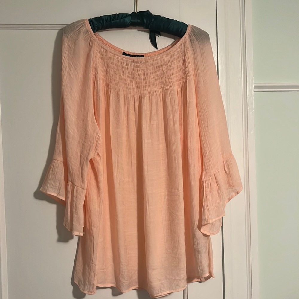 Pink/peachy colored gauzy top, bell sleeves